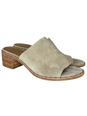 FRYE Womens‎ Size 7 Cindy Cement Gray Suede Mule Peep Toe Heeled Sandals.